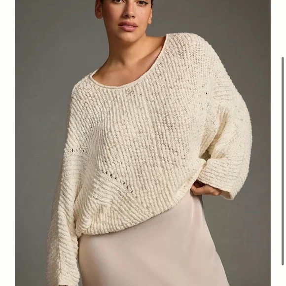 Anthropologie crewneck batwing sweater- Cozy Cream Knit- 98% cotton - Picture 1 of 6